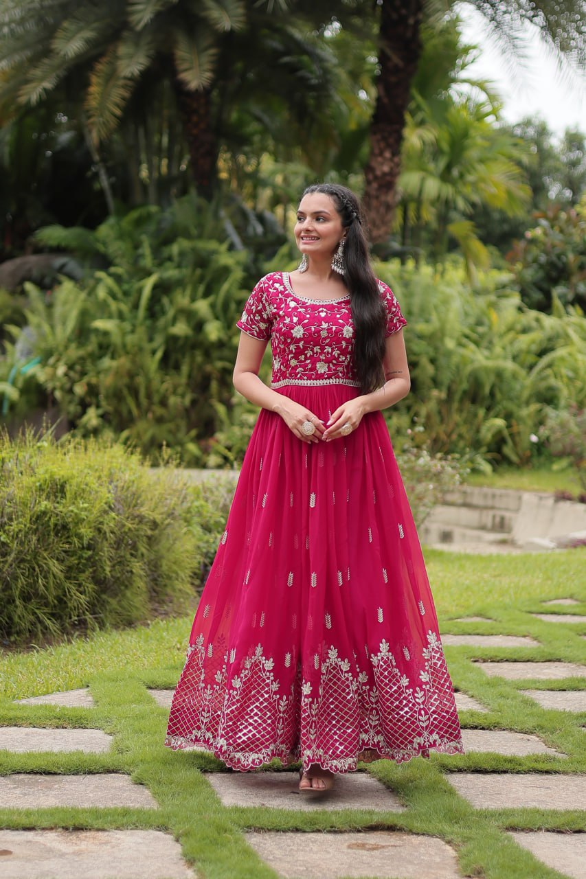 Pink Designer Readymade Gown with Zari & Sequins Embroidery
