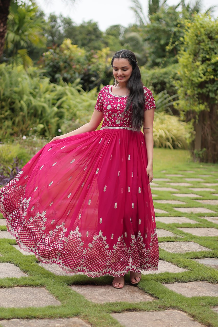 Pink Designer Readymade Gown with Zari & Sequins Embroidery
