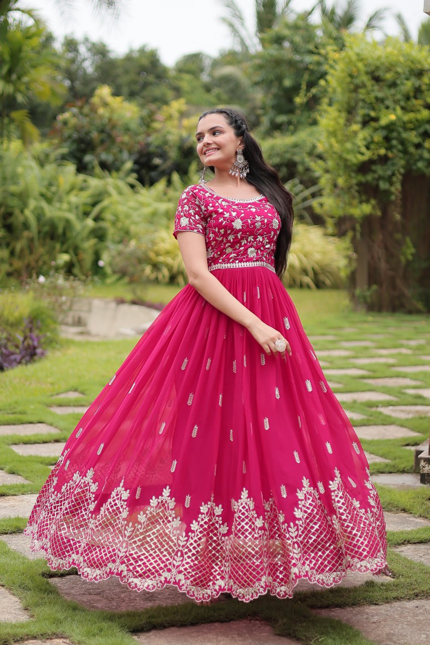 Pink Designer Readymade Gown with Zari & Sequins Embroidery