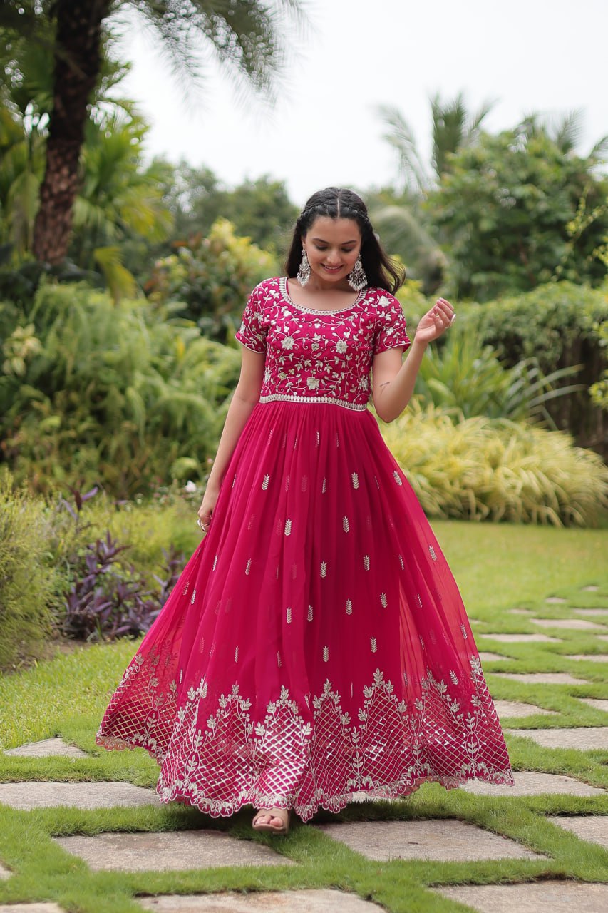 Pink Designer Readymade Gown with Zari & Sequins Embroidery