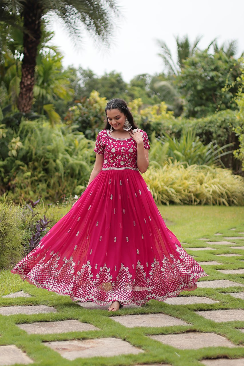 Pink Designer Readymade Gown with Zari & Sequins Embroidery