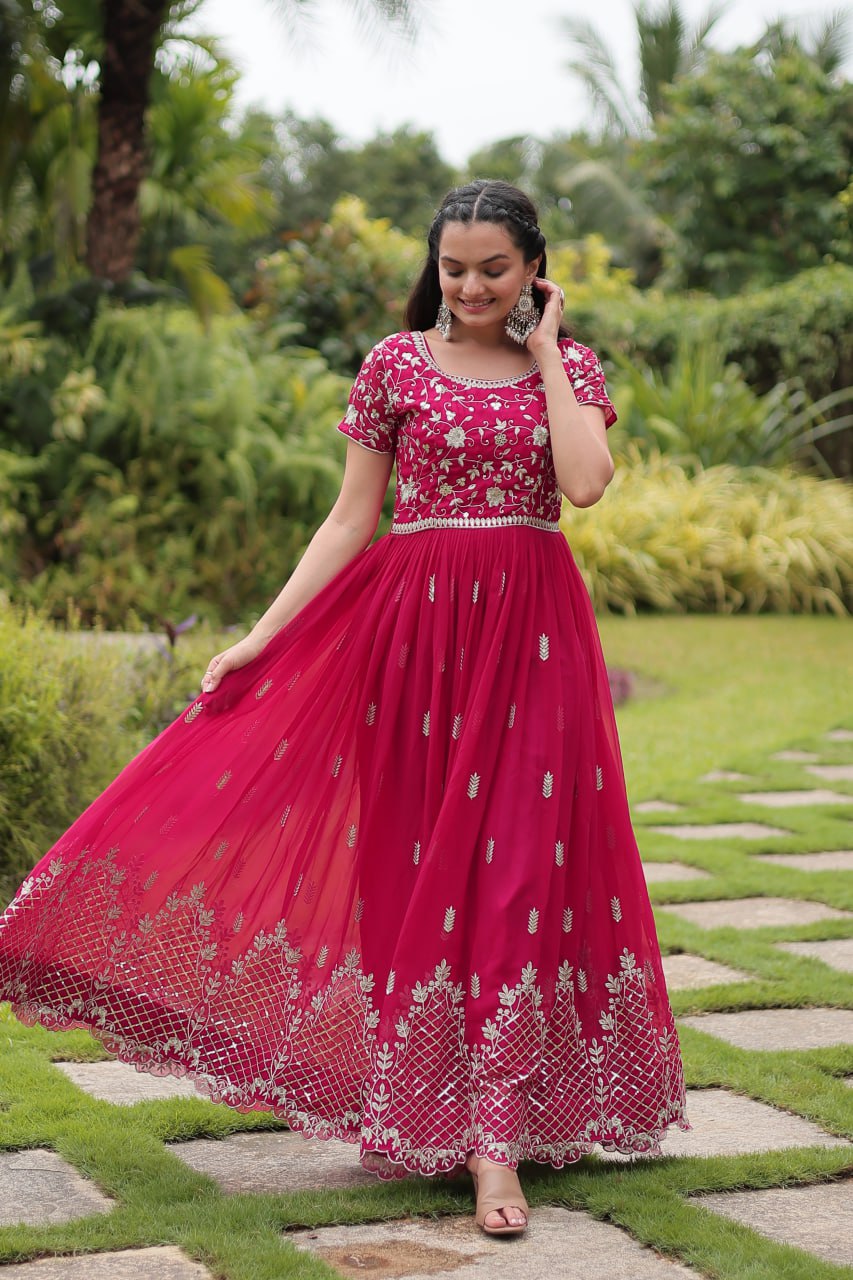 Pink Designer Readymade Gown with Zari & Sequins Embroidery