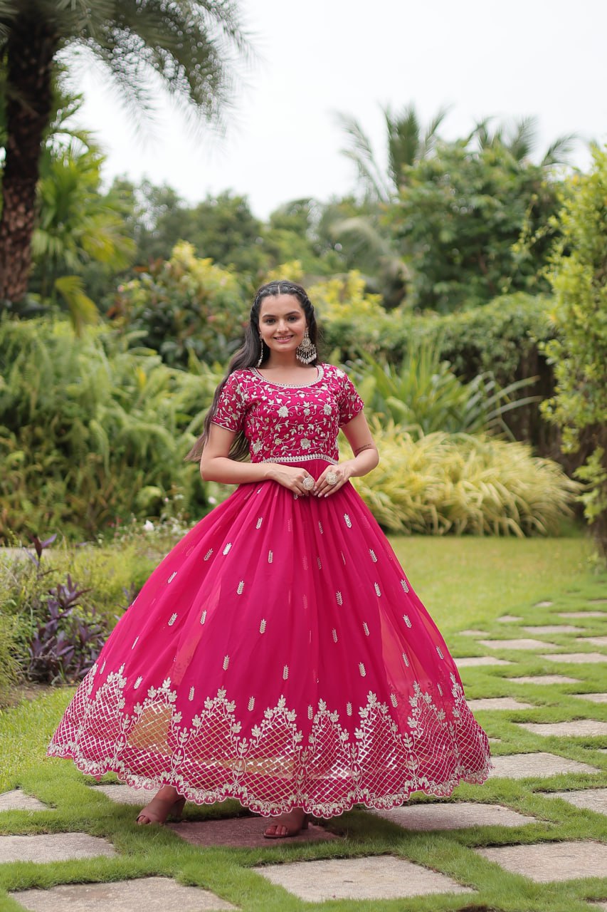 Pink Designer Readymade Gown with Zari & Sequins Embroidery