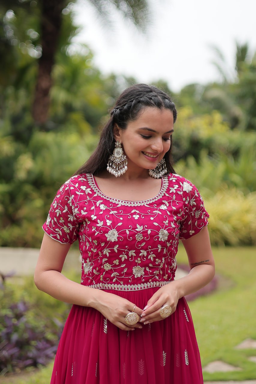 Pink Designer Readymade Gown with Zari & Sequins Embroidery