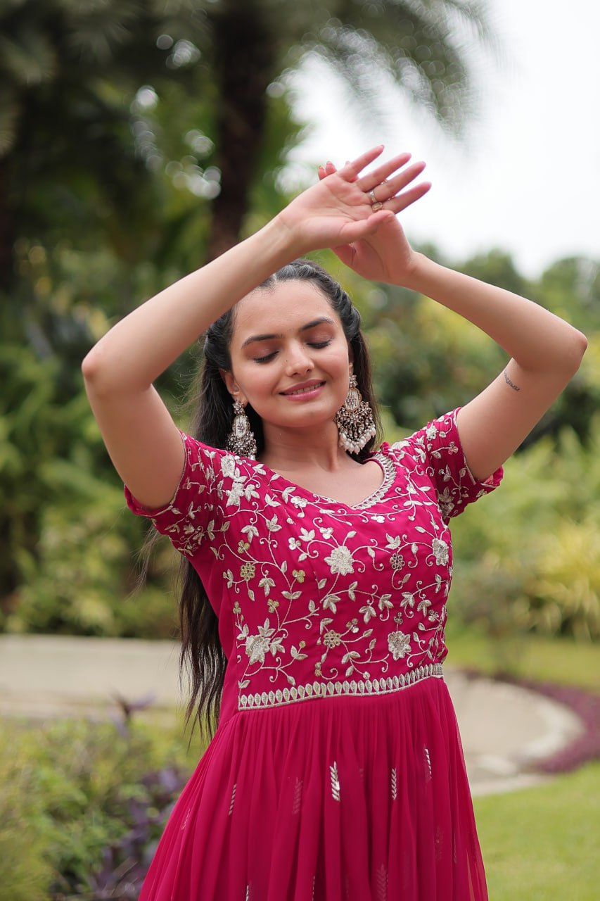 Pink Designer Readymade Gown with Zari & Sequins Embroidery