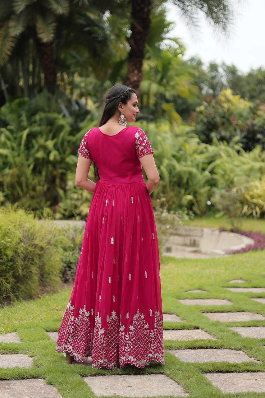 Pink Designer Readymade Gown with Zari & Sequins Embroidery