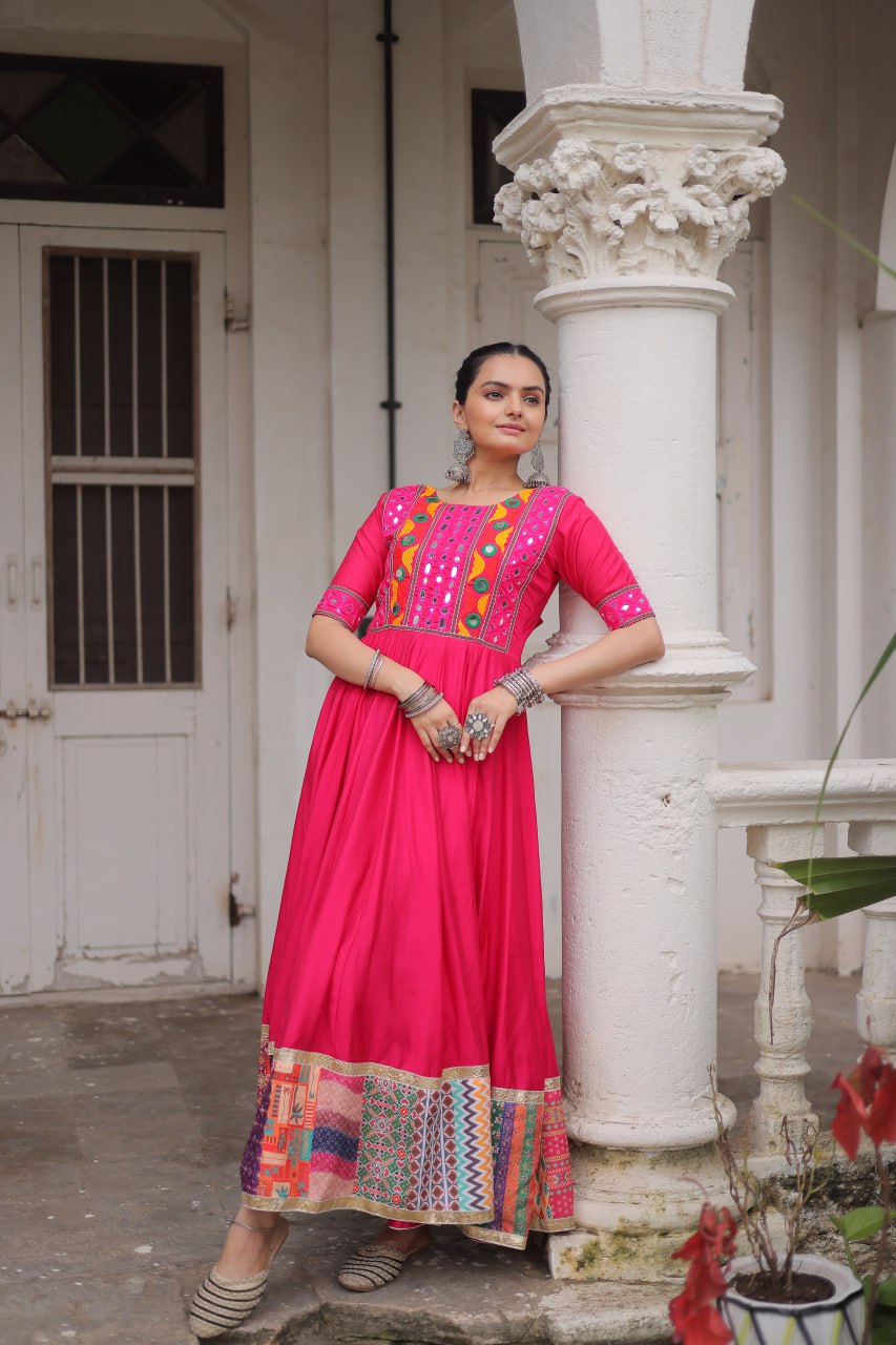 Pink Designer Roman Fabric Gown with Multicolor Thread, Mirror & Maslin Crochet Work