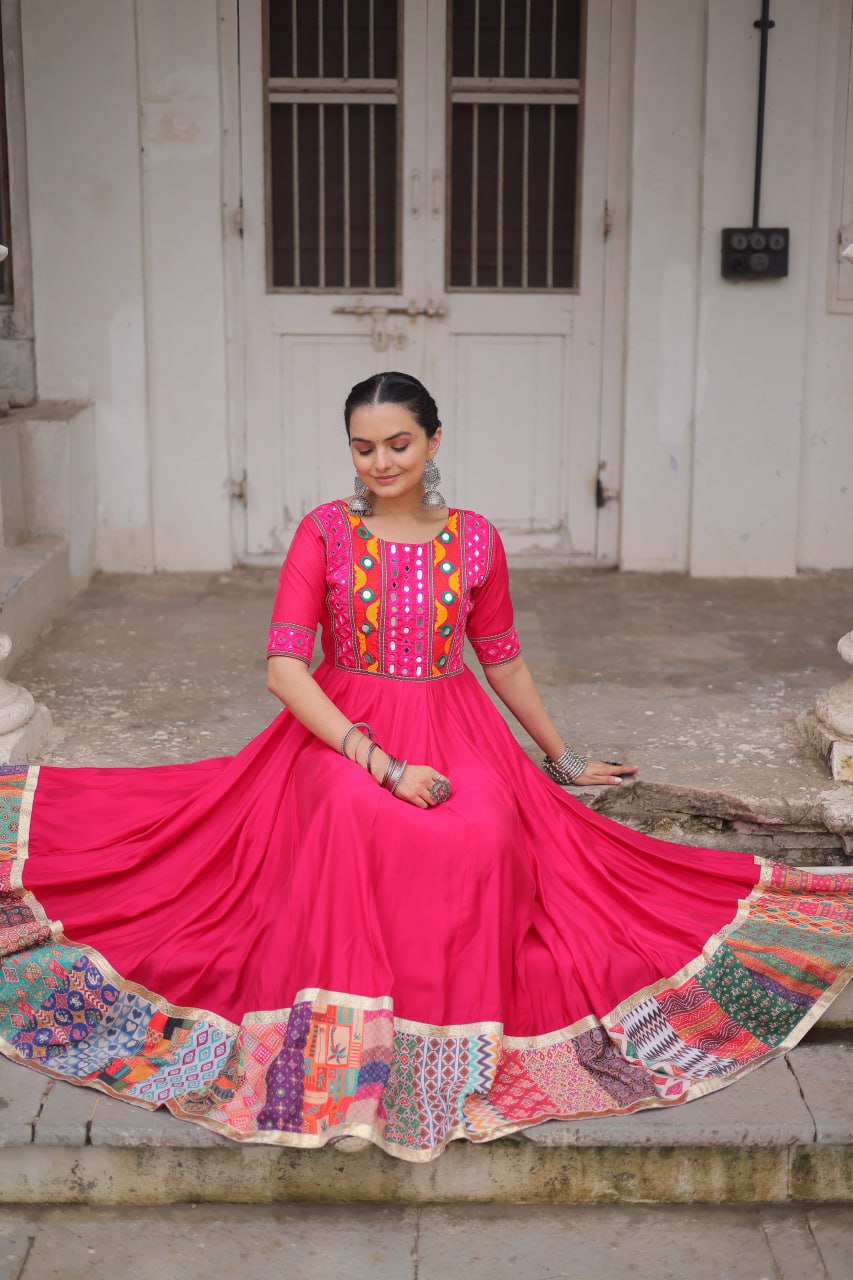 Pink Designer Roman Fabric Gown with Multicolor Thread, Mirror & Maslin Crochet Work