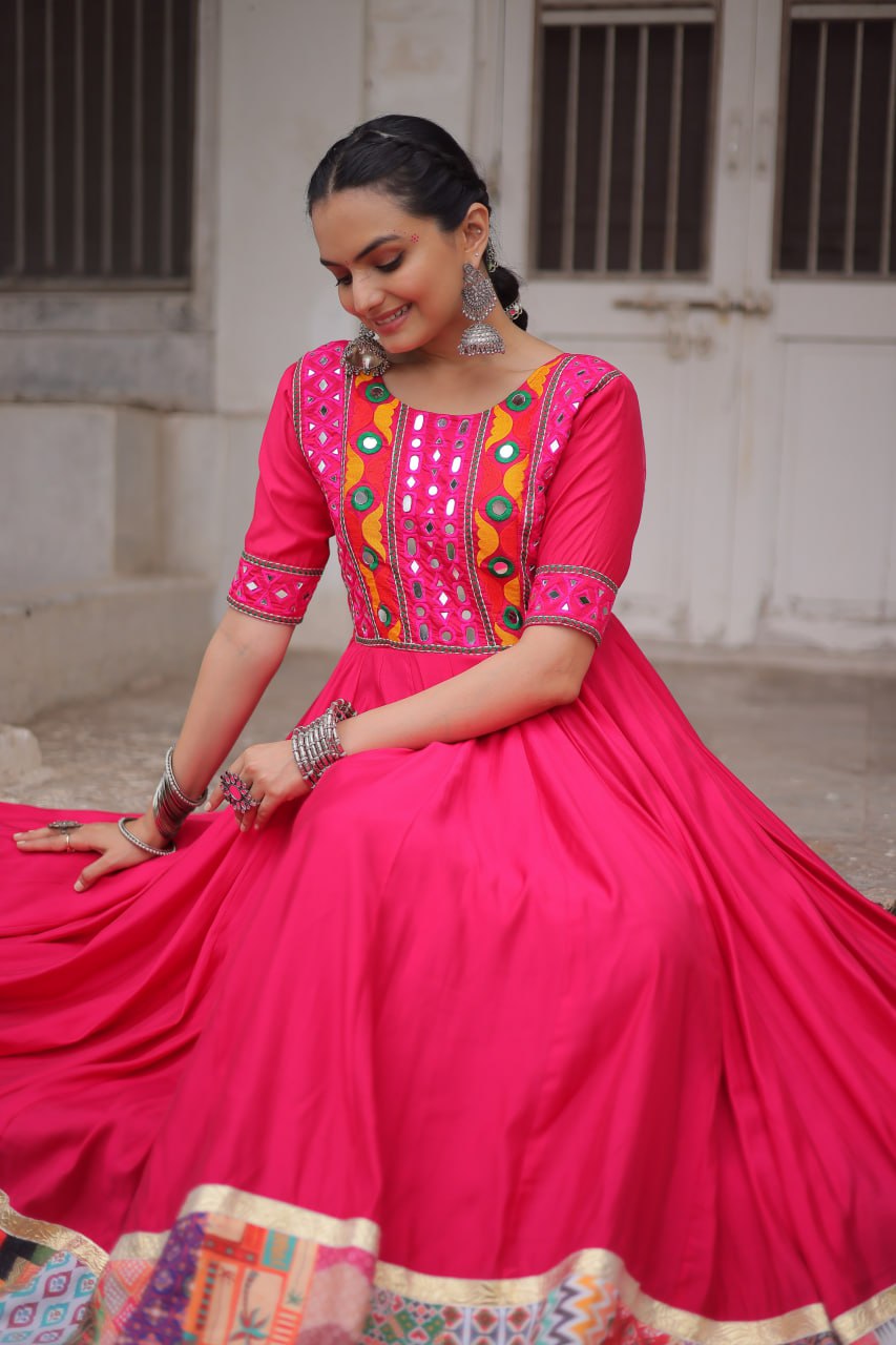 Pink Designer Roman Fabric Gown with Multicolor Thread, Mirror & Maslin Crochet Work