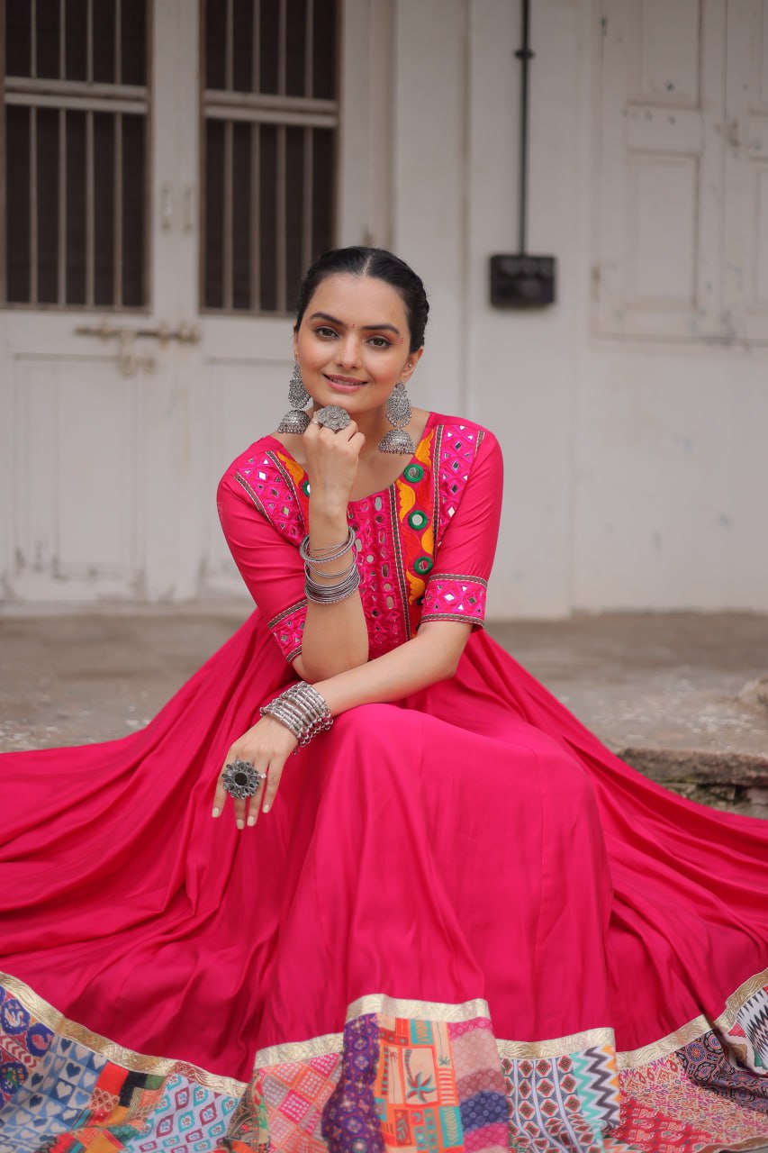 Pink Designer Roman Fabric Gown with Multicolor Thread, Mirror & Maslin Crochet Work