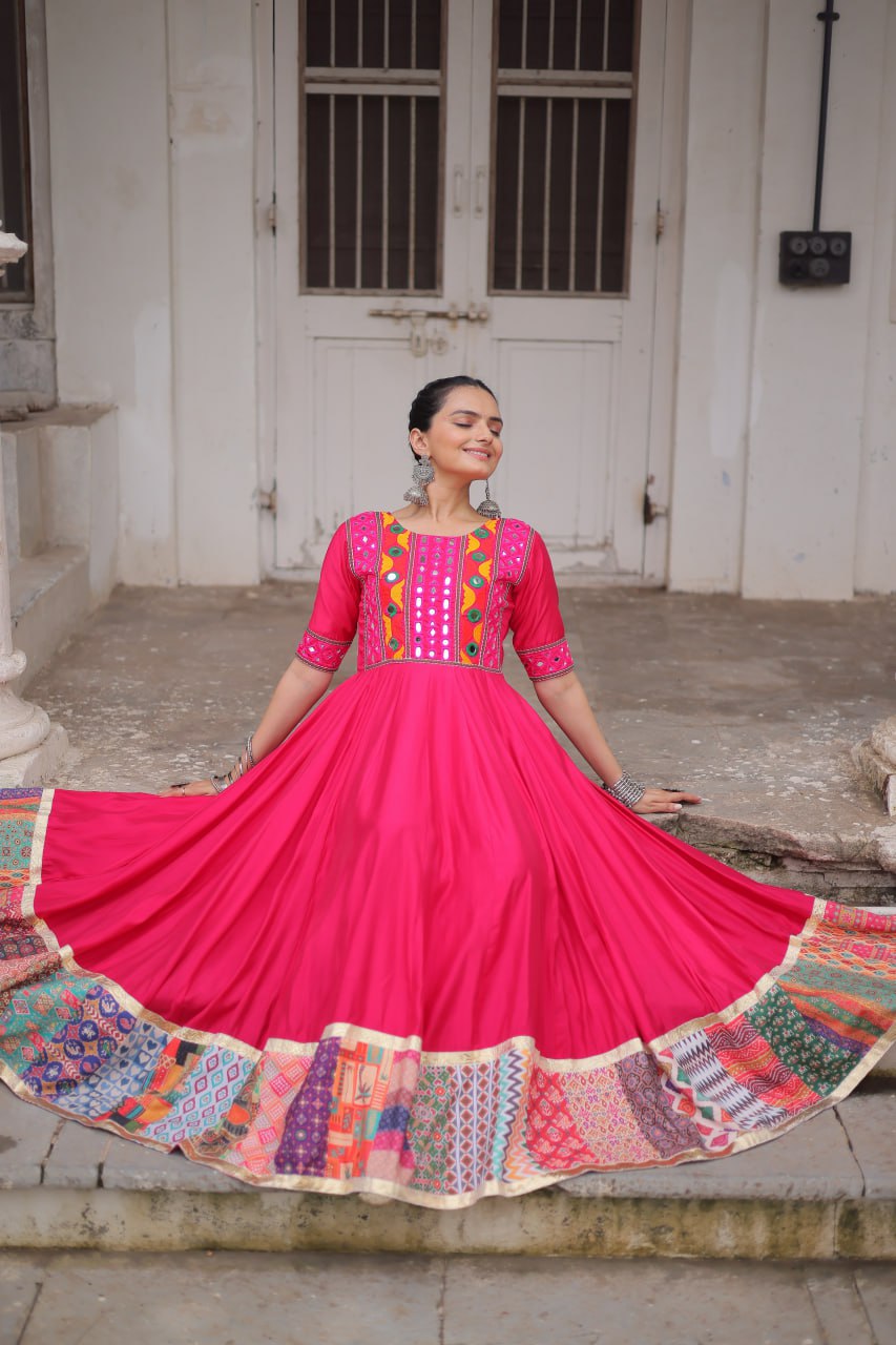 Pink Designer Roman Fabric Gown with Multicolor Thread, Mirror & Maslin Crochet Work