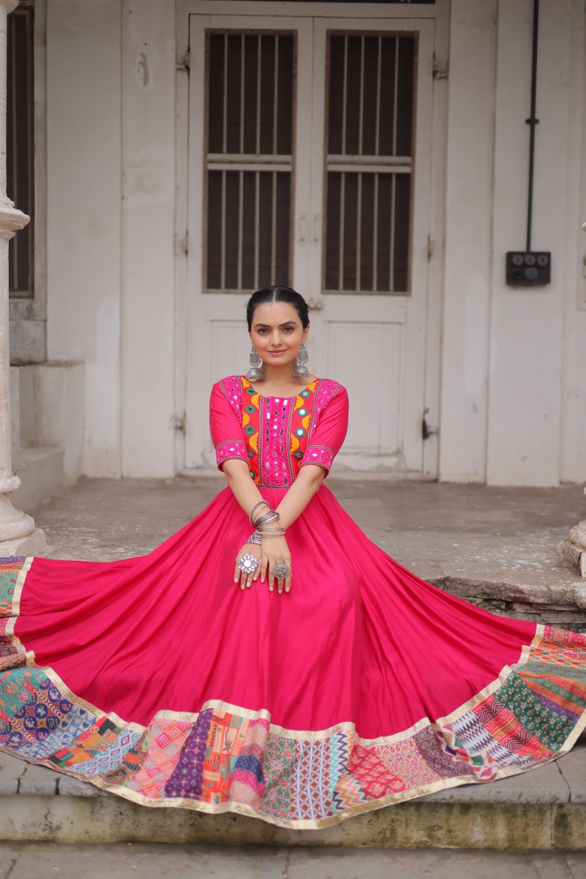 Pink Designer Roman Fabric Gown with Multicolor Thread, Mirror & Maslin Crochet Work