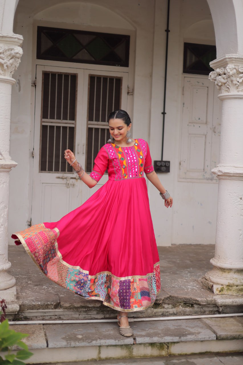 Pink Designer Roman Fabric Gown with Multicolor Thread, Mirror & Maslin Crochet Work