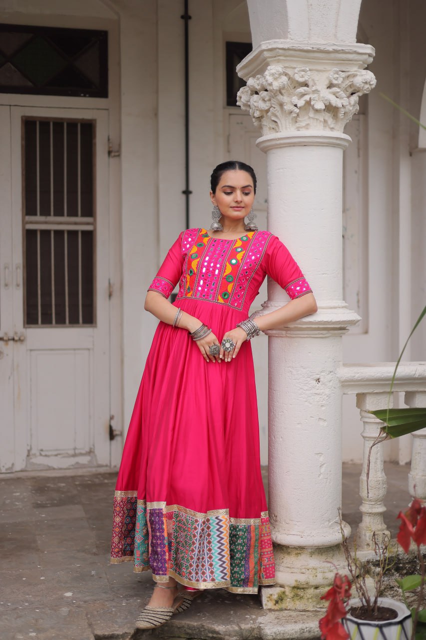 Pink Designer Roman Fabric Gown with Multicolor Thread, Mirror & Maslin Crochet Work