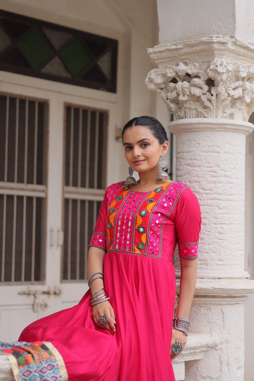 Pink Designer Roman Fabric Gown with Multicolor Thread, Mirror & Maslin Crochet Work