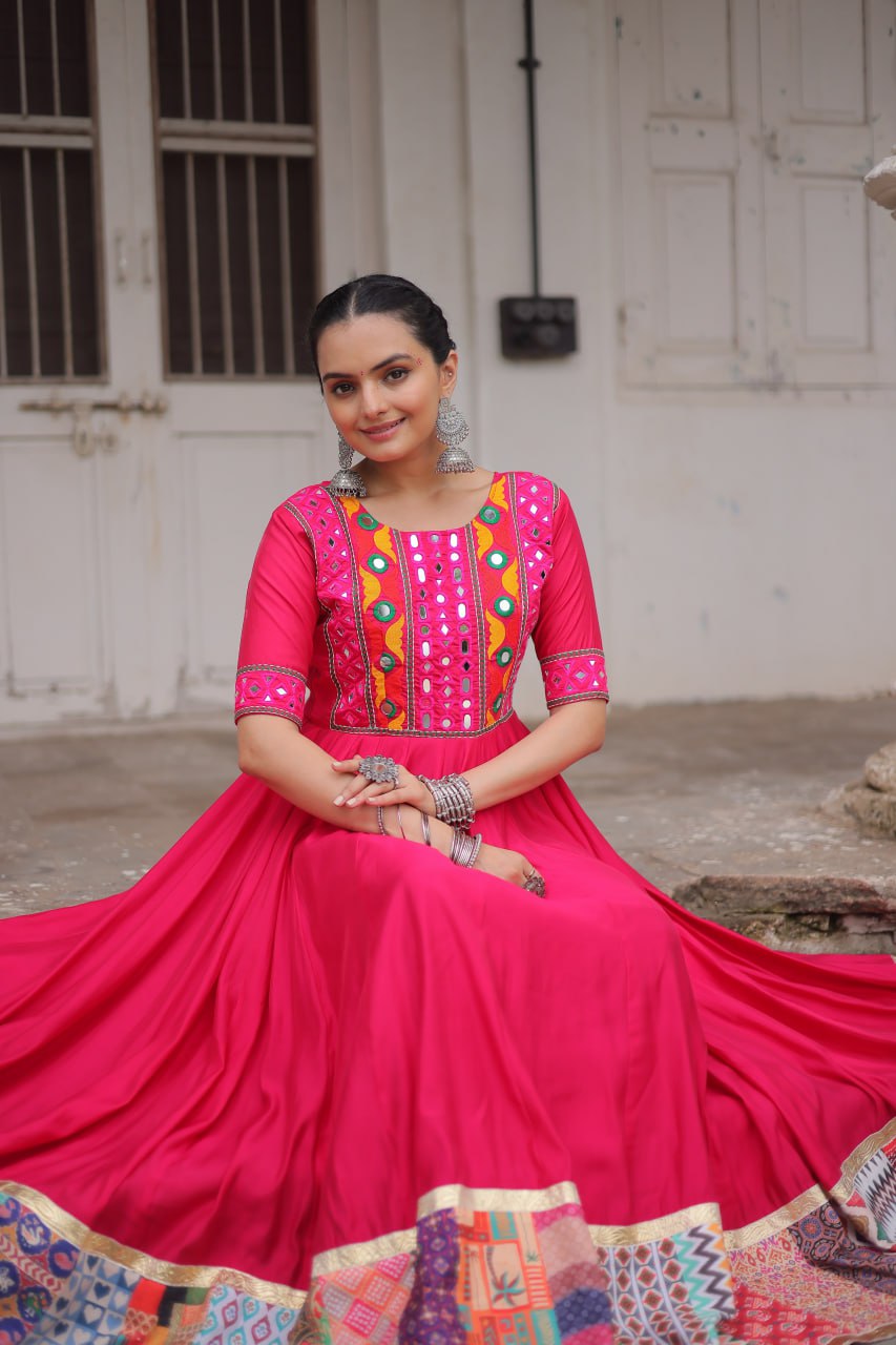 Pink Designer Roman Fabric Gown with Multicolor Thread, Mirror & Maslin Crochet Work