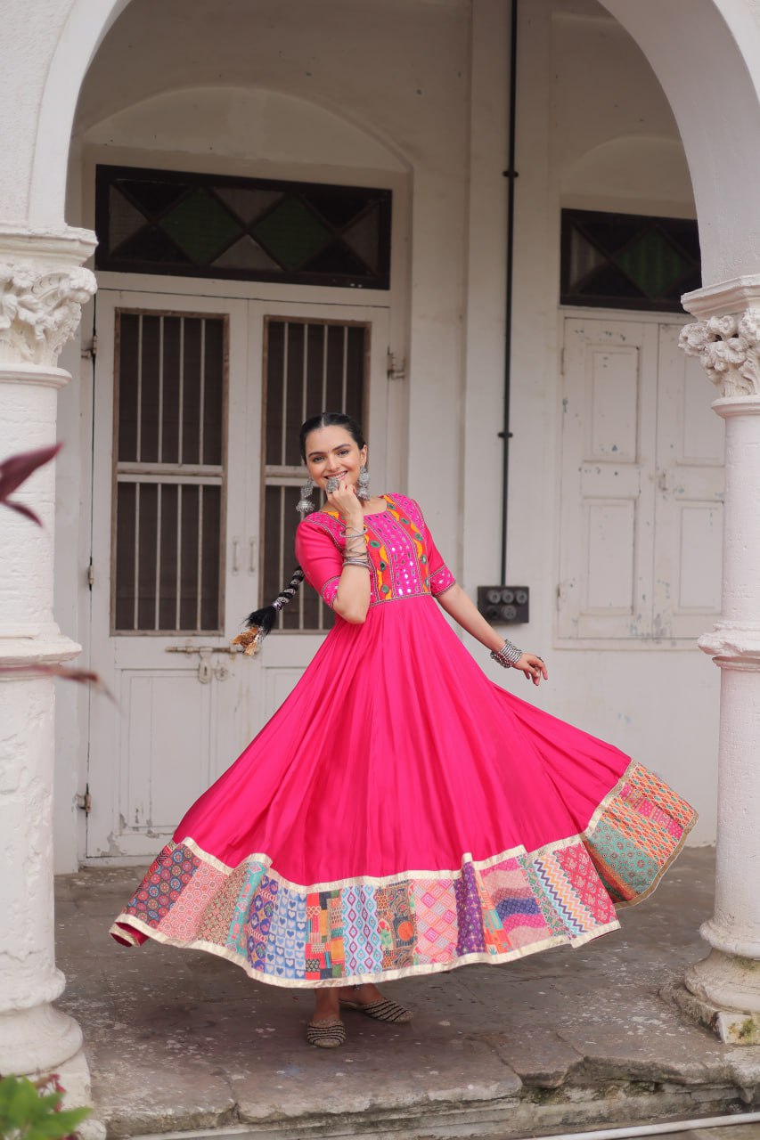 Pink Designer Roman Fabric Gown with Multicolor Thread, Mirror & Maslin Crochet Work