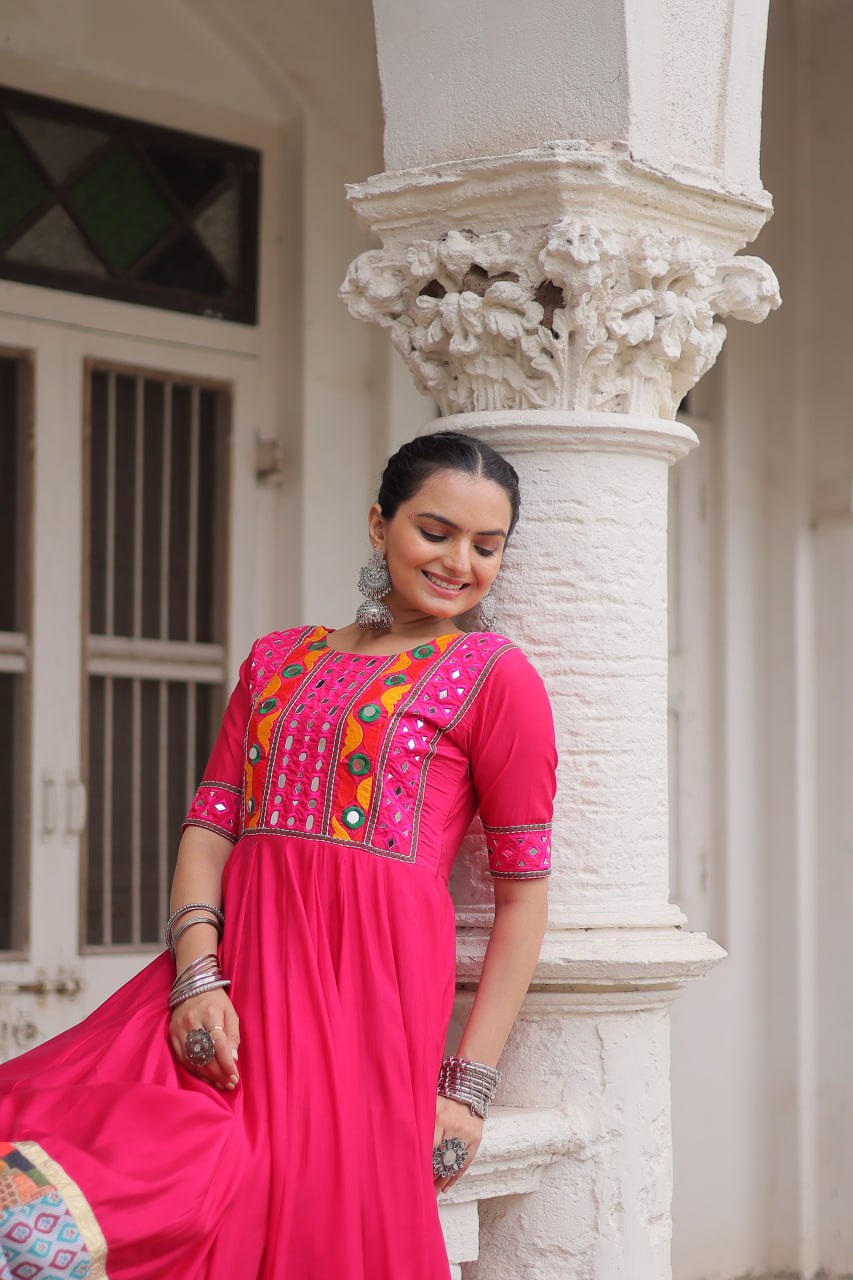Pink Designer Roman Fabric Gown with Multicolor Thread, Mirror & Maslin Crochet Work