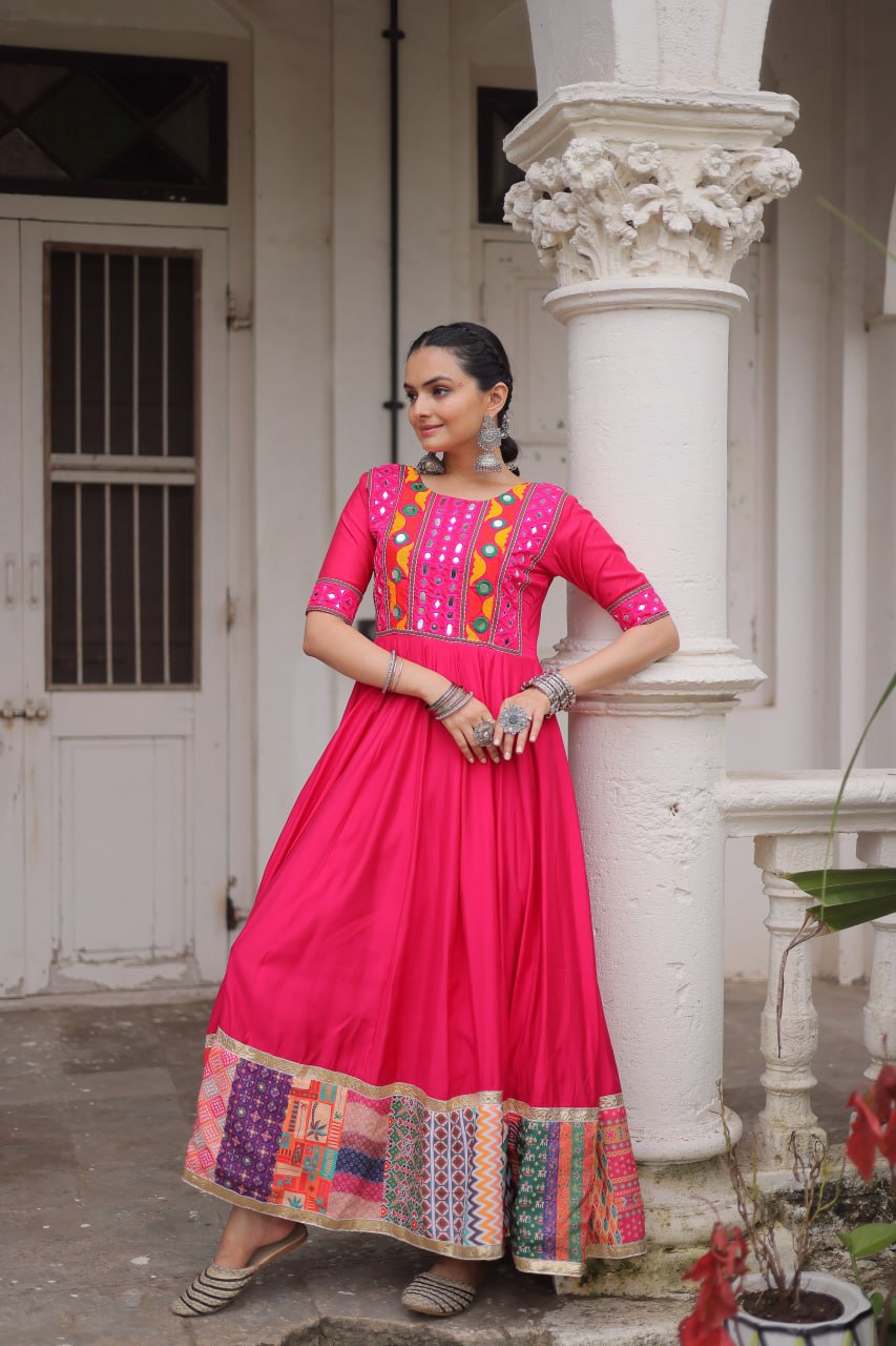 Pink Designer Roman Fabric Gown with Multicolor Thread, Mirror & Maslin Crochet Work