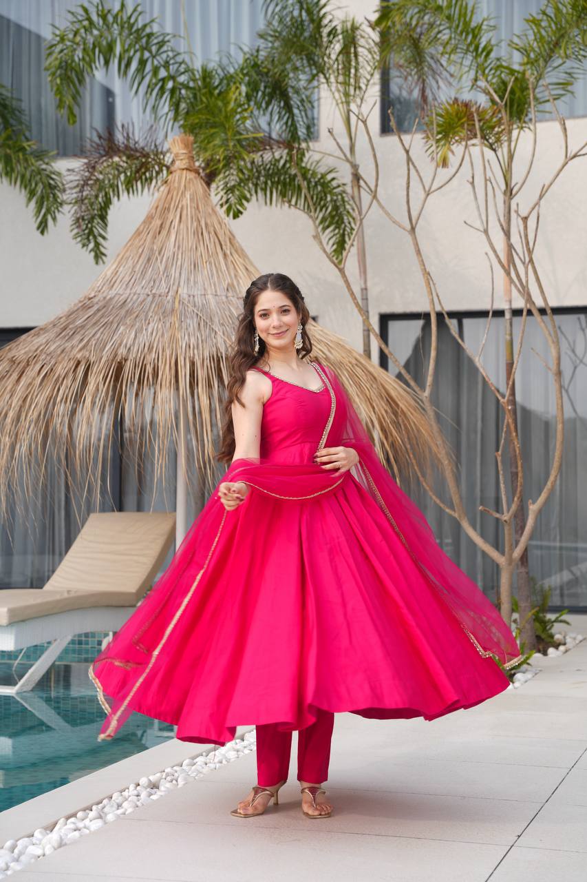 Pink Designer Romansilk Chanderi Anarkali Set with Mirror Lace Dupatta