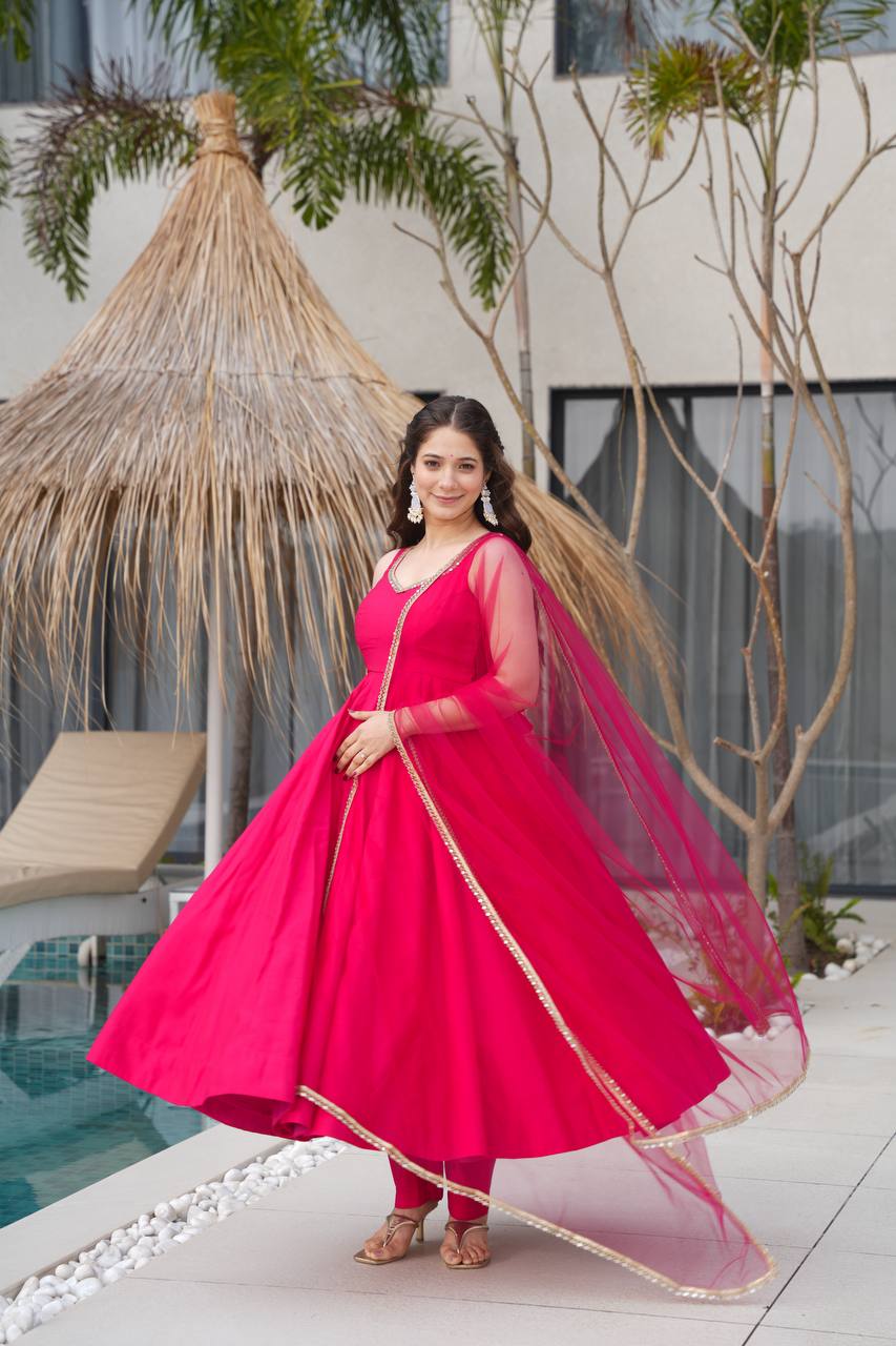 Pink Designer Romansilk Chanderi Anarkali Set with Mirror Lace Dupatta