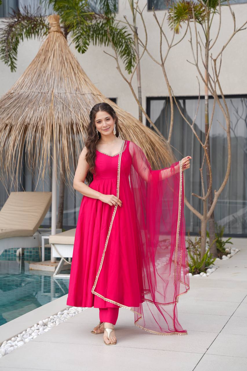 Pink Designer Romansilk Chanderi Anarkali Set with Mirror Lace Dupatta