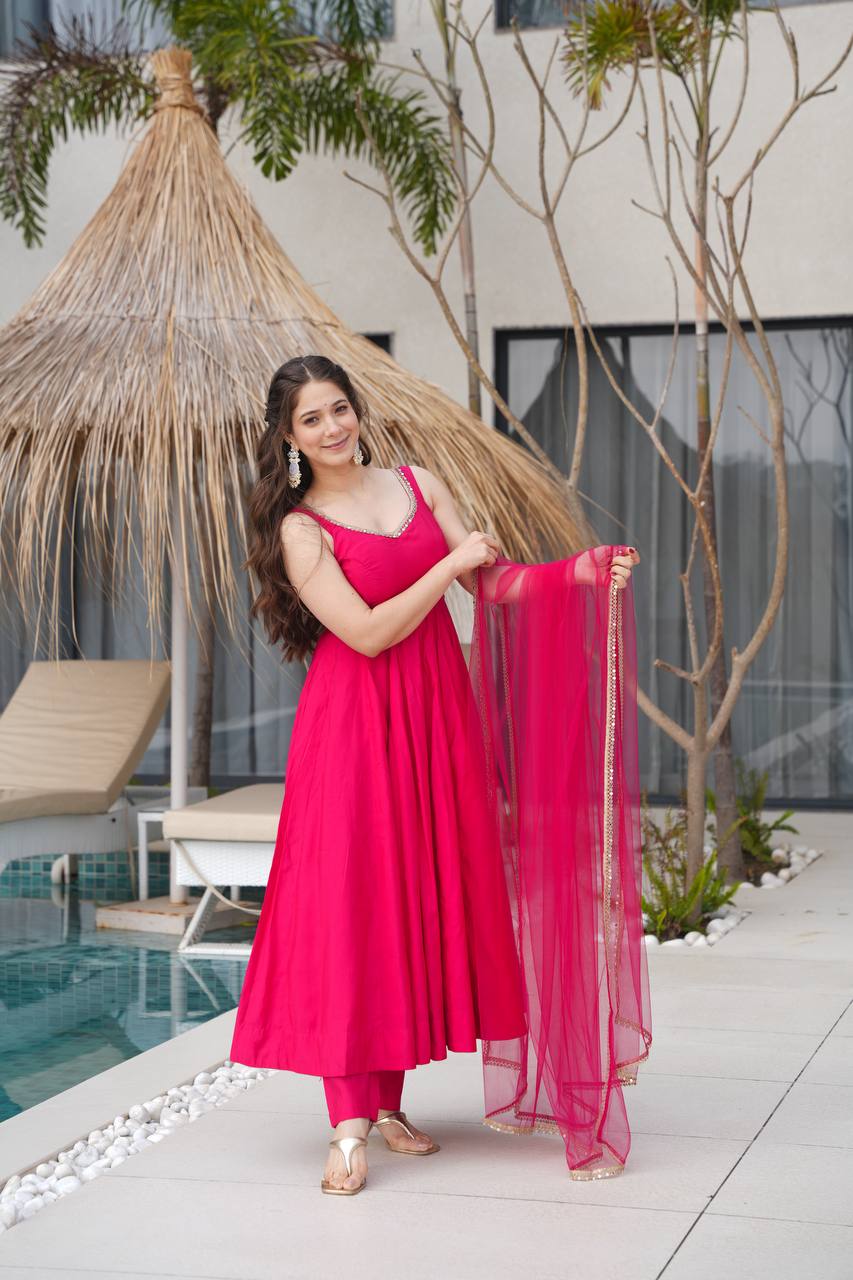 Pink Designer Romansilk Chanderi Anarkali Set with Mirror Lace Dupatta