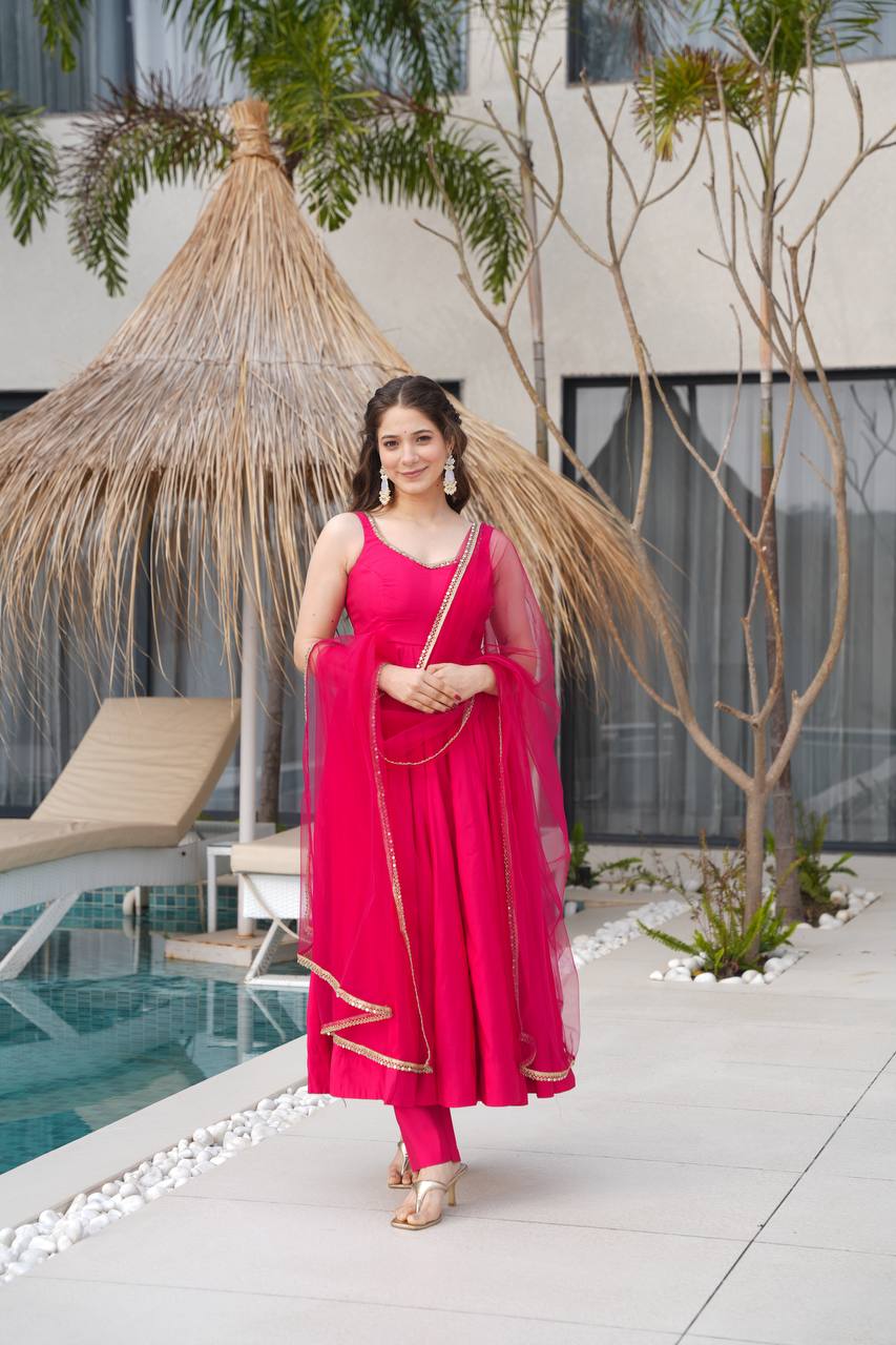 Pink Designer Romansilk Chanderi Anarkali Set with Mirror Lace Dupatta