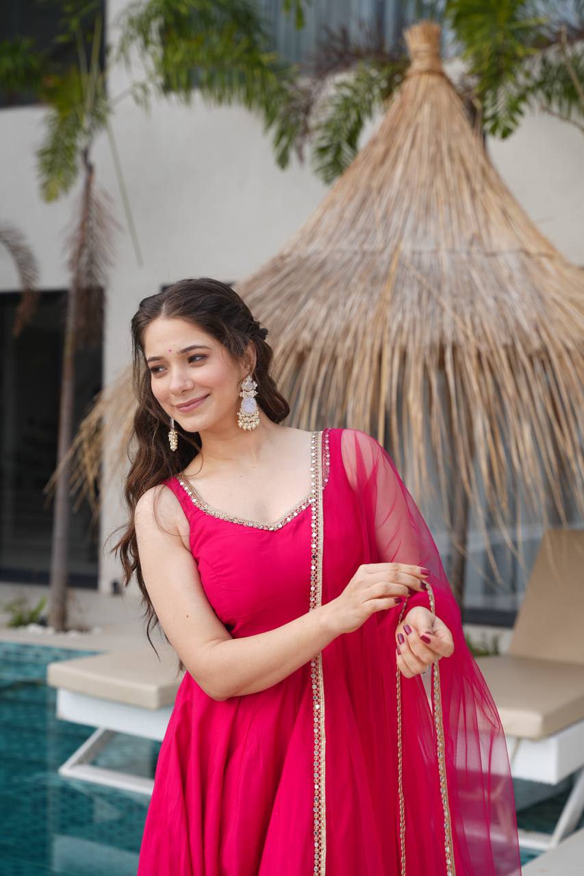 Pink Designer Romansilk Chanderi Anarkali Set with Mirror Lace Dupatta
