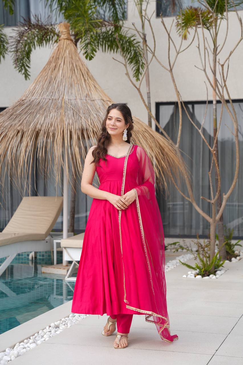 Pink Designer Romansilk Chanderi Anarkali Set with Mirror Lace Dupatta