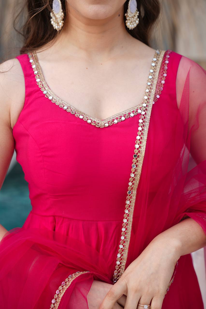 Pink Designer Romansilk Chanderi Anarkali Set with Mirror Lace Dupatta