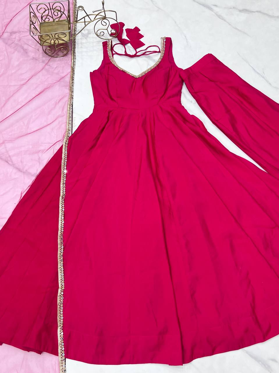 Pink Designer Romansilk Chanderi Anarkali Set with Mirror Lace Dupatta
