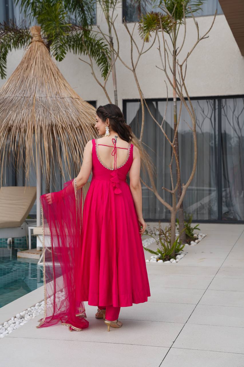 Pink Designer Romansilk Chanderi Anarkali Set with Mirror Lace Dupatta