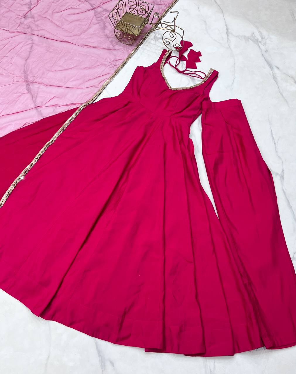 Pink Designer Romansilk Chanderi Anarkali Set with Mirror Lace Dupatta