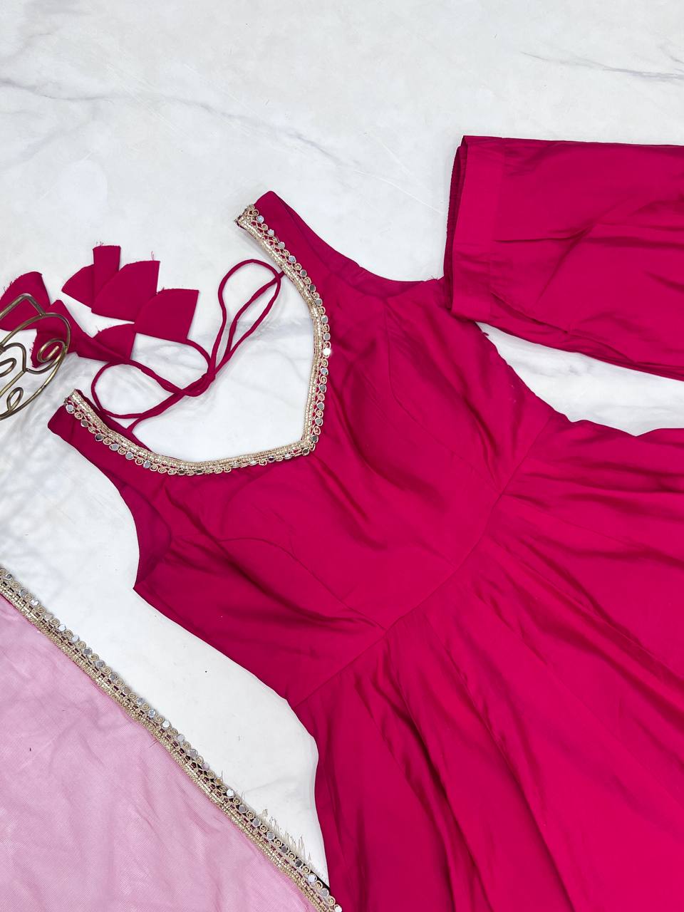 Pink Designer Romansilk Chanderi Anarkali Set with Mirror Lace Dupatta