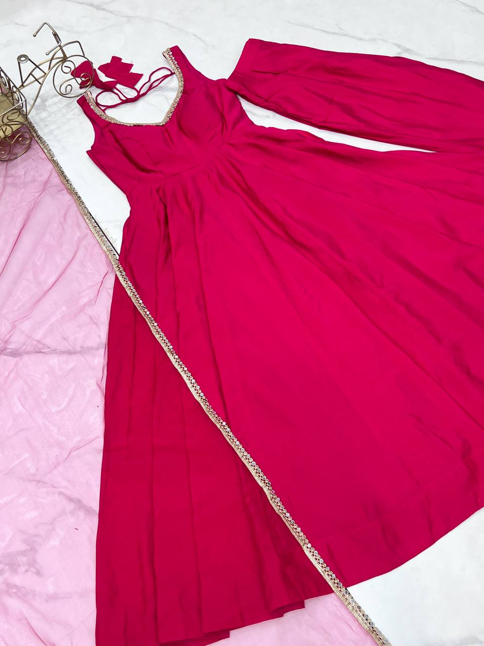 Pink Designer Romansilk Chanderi Anarkali Set with Mirror Lace Dupatta