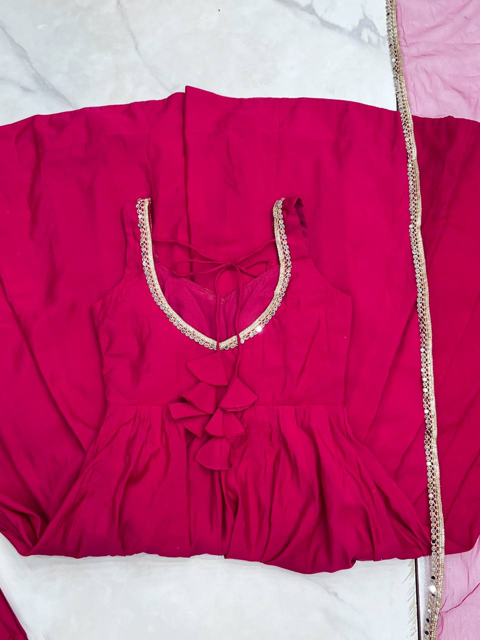 Pink Designer Romansilk Chanderi Anarkali Set with Mirror Lace Dupatta