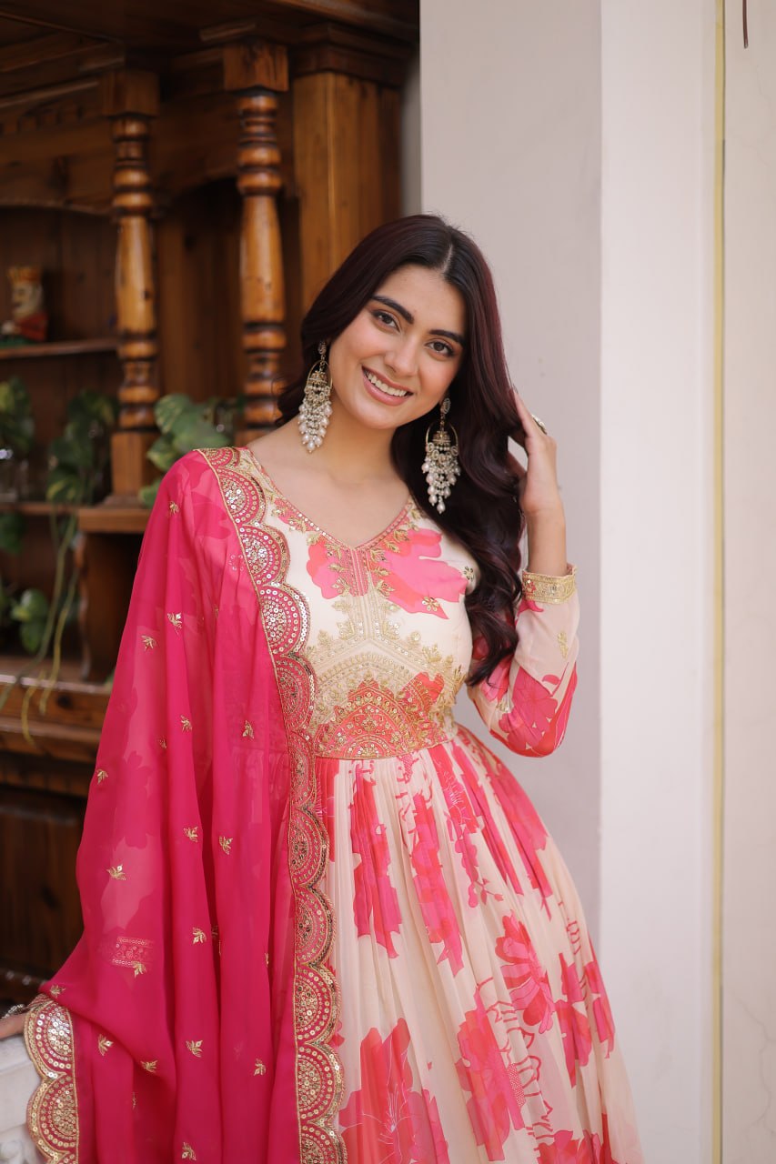 Pink Digital Printed Silk Anarkali Gown