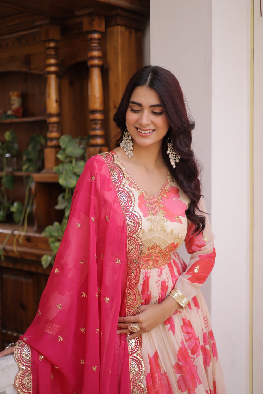 Pink Digital Printed Silk Anarkali Gown