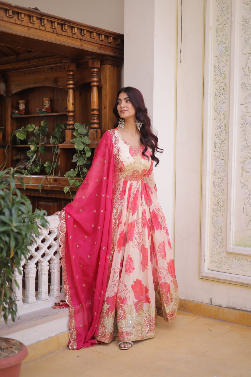 Pink Digital Printed Silk Anarkali Gown