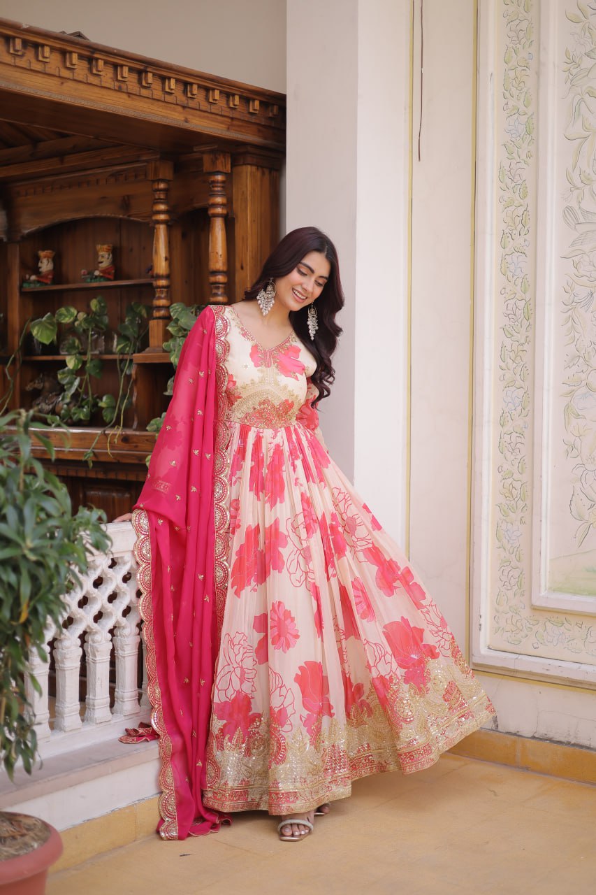 Pink Digital Printed Silk Anarkali Gown