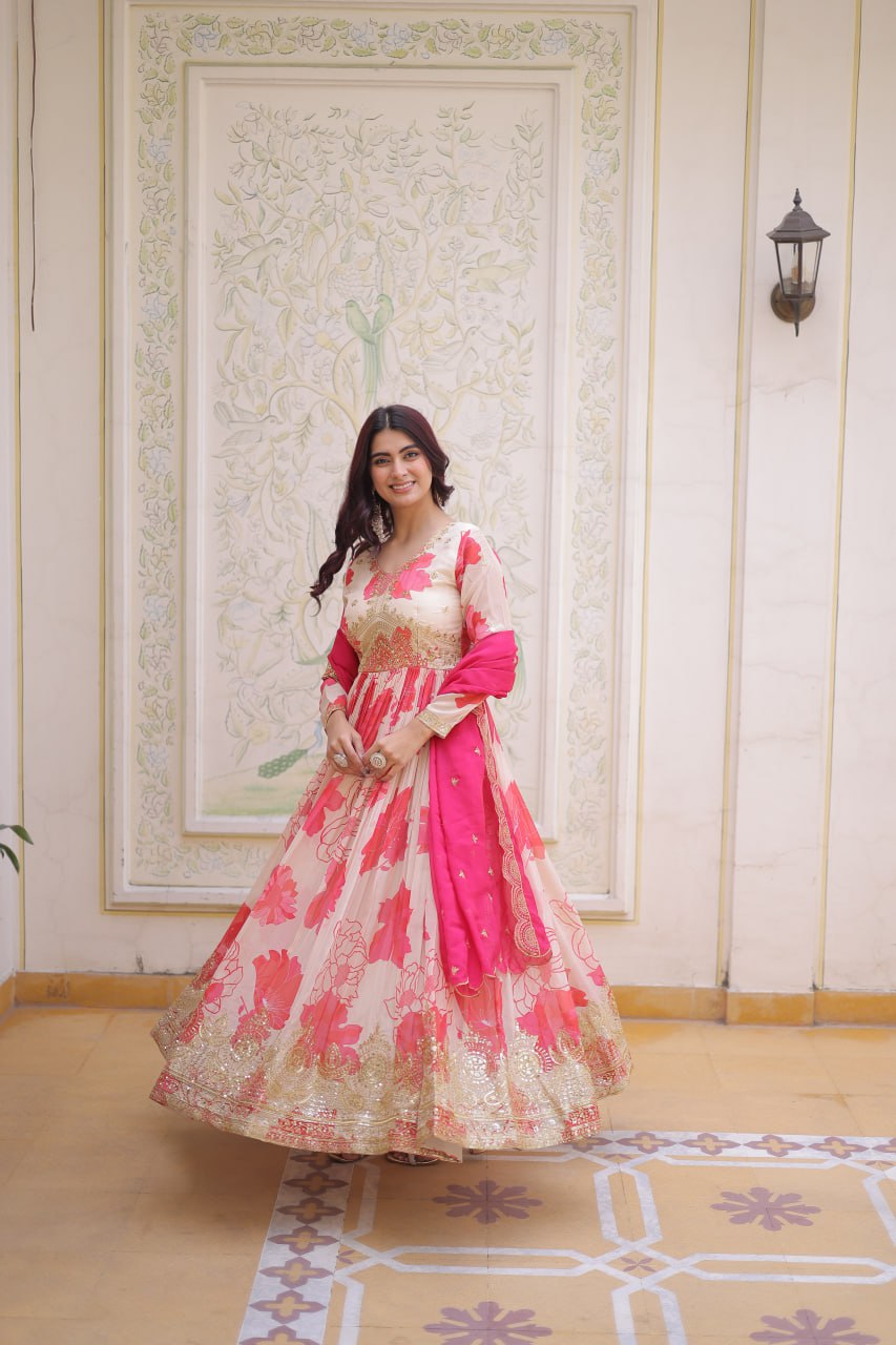Pink Digital Printed Silk Anarkali Gown