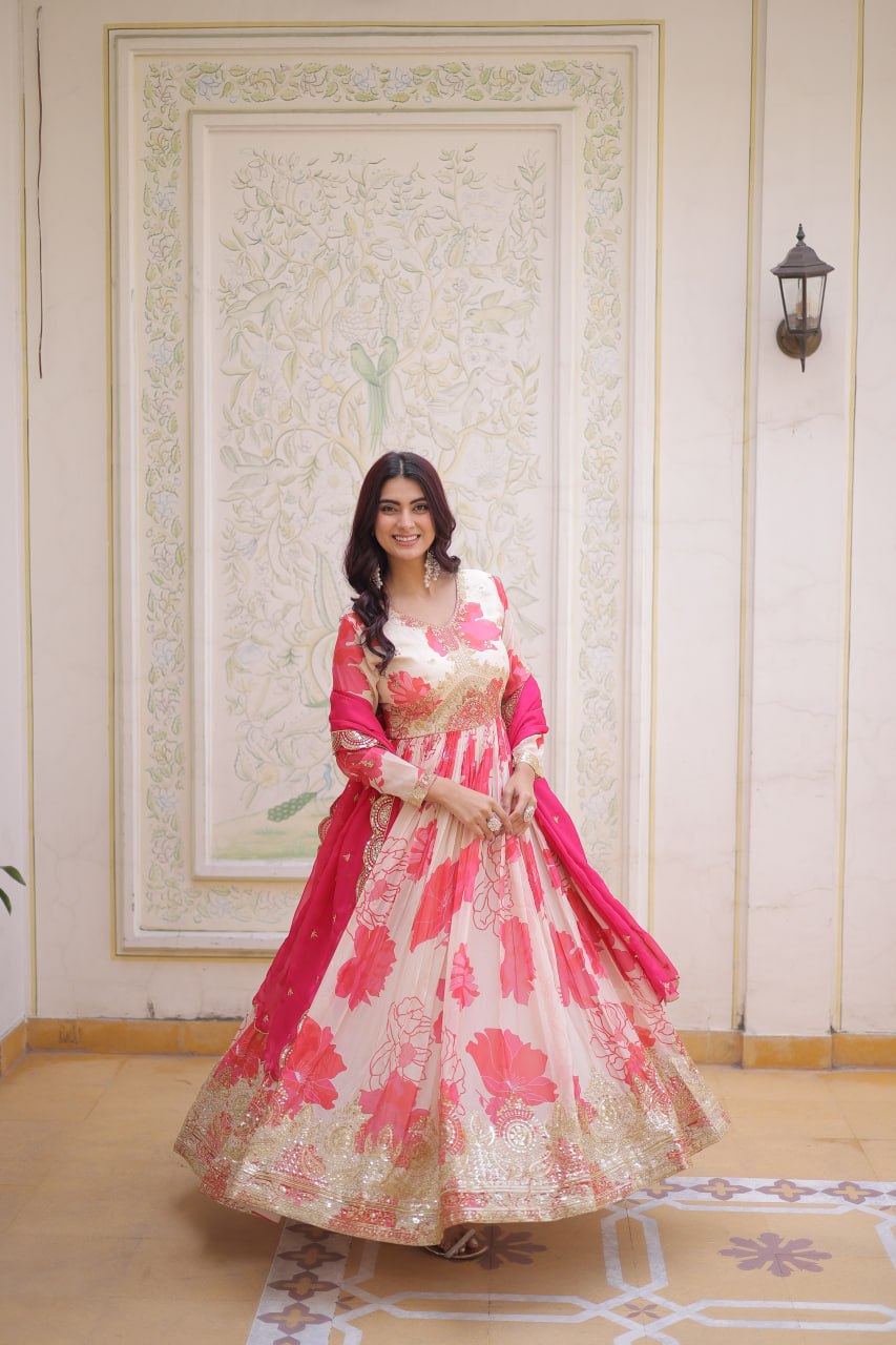 Pink Digital Printed Silk Anarkali Gown