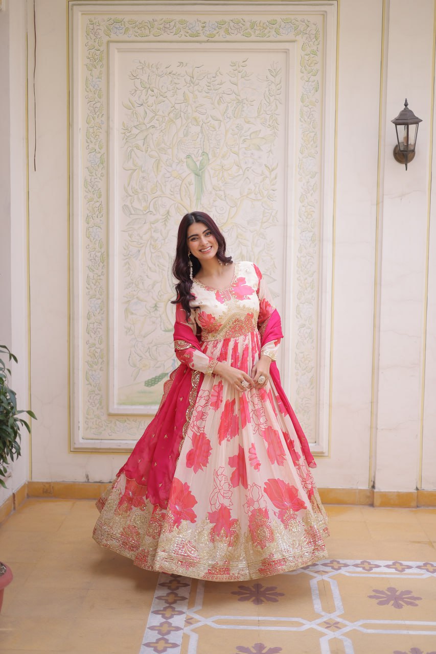 Pink Digital Printed Silk Anarkali Gown