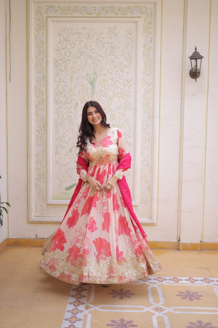 Pink Digital Printed Silk Anarkali Gown