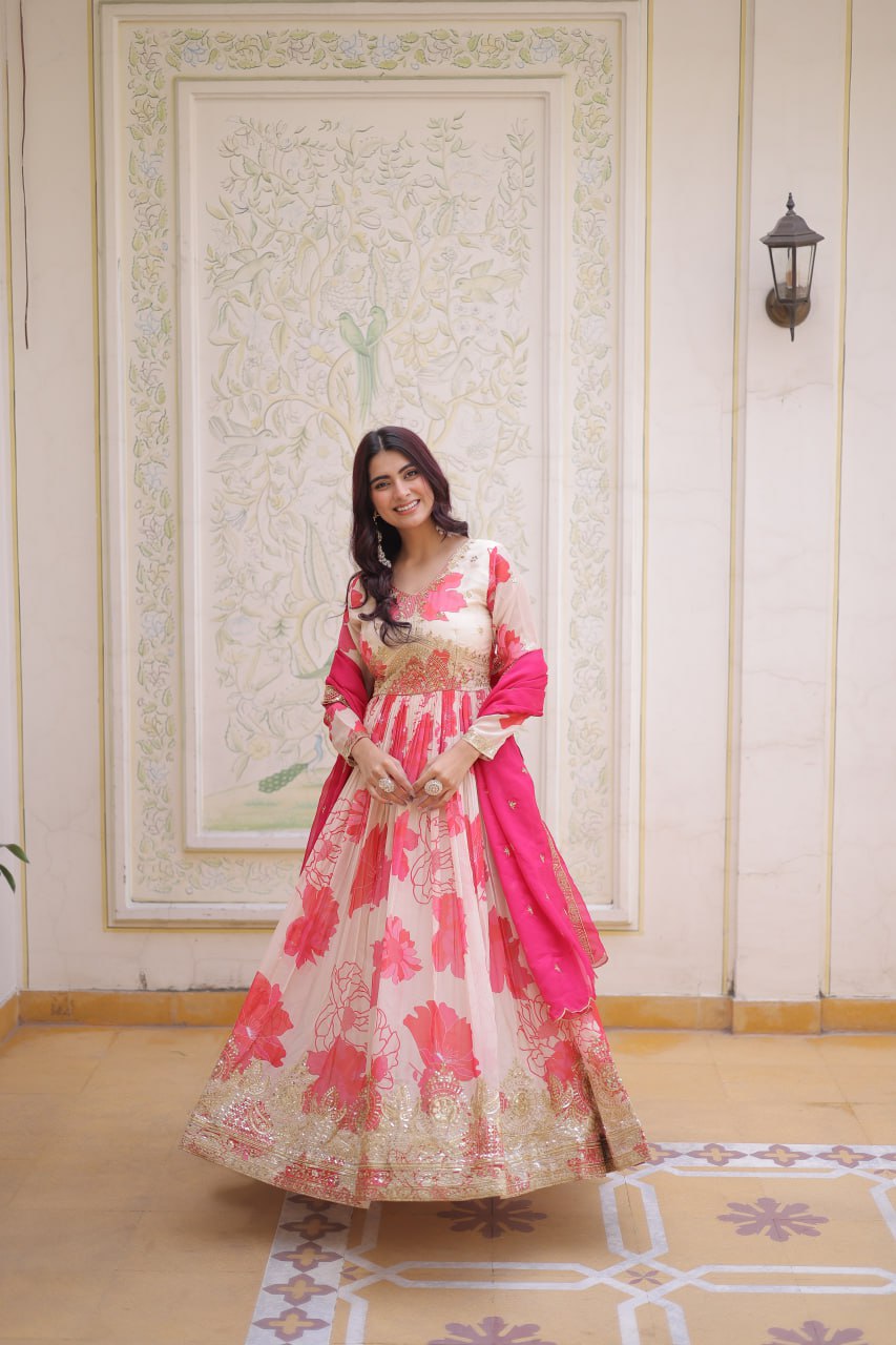 Pink Digital Printed Silk Anarkali Gown