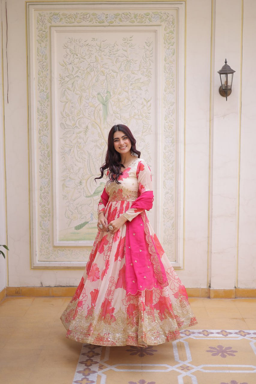 Pink Digital Printed Silk Anarkali Gown