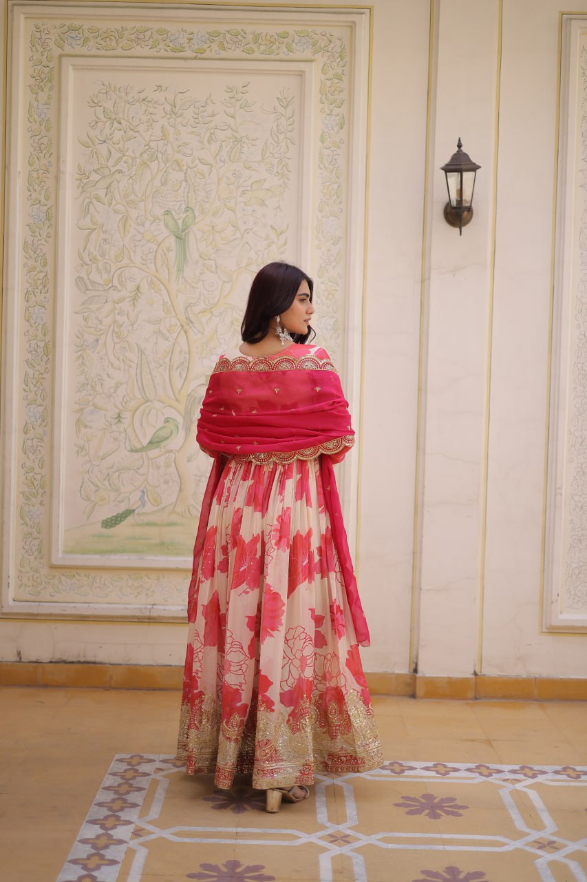 Pink Digital Printed Silk Anarkali Gown