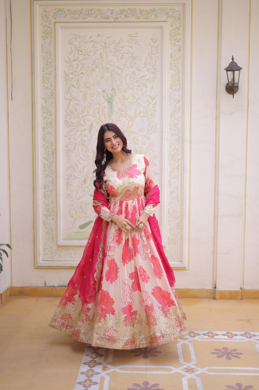 Pink Digital Printed Silk Anarkali Gown