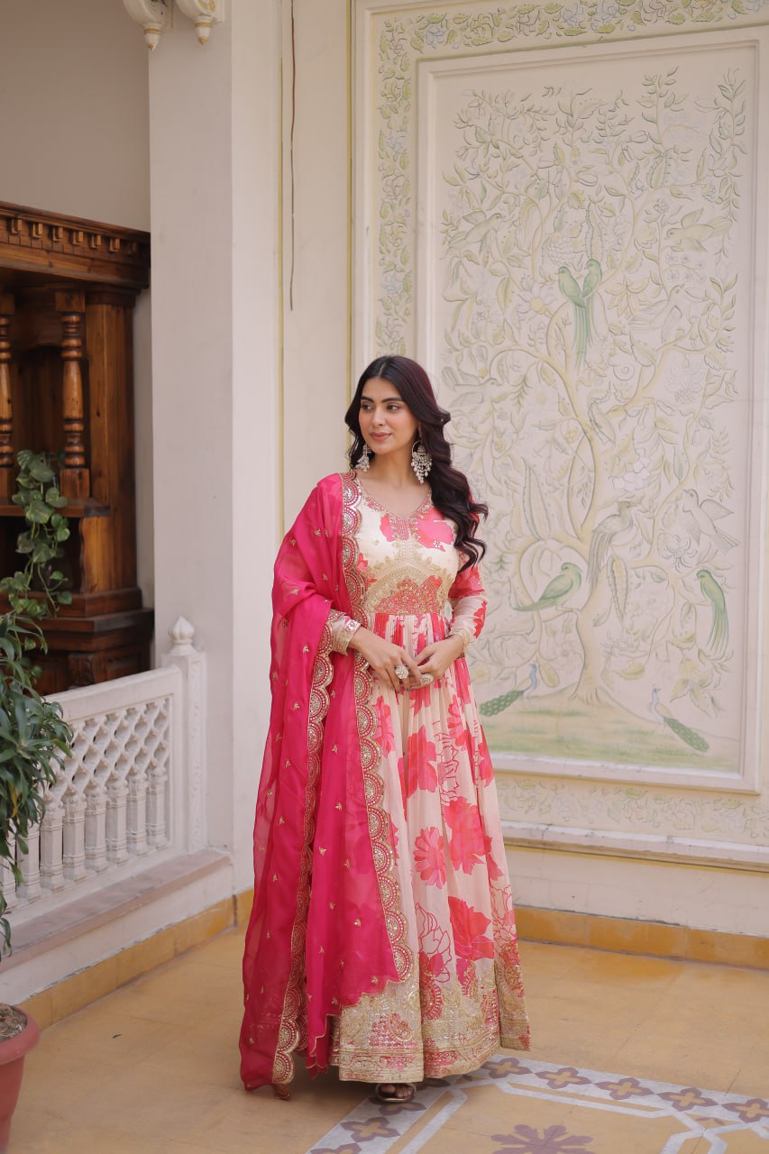 Pink Digital Printed Silk Anarkali Gown